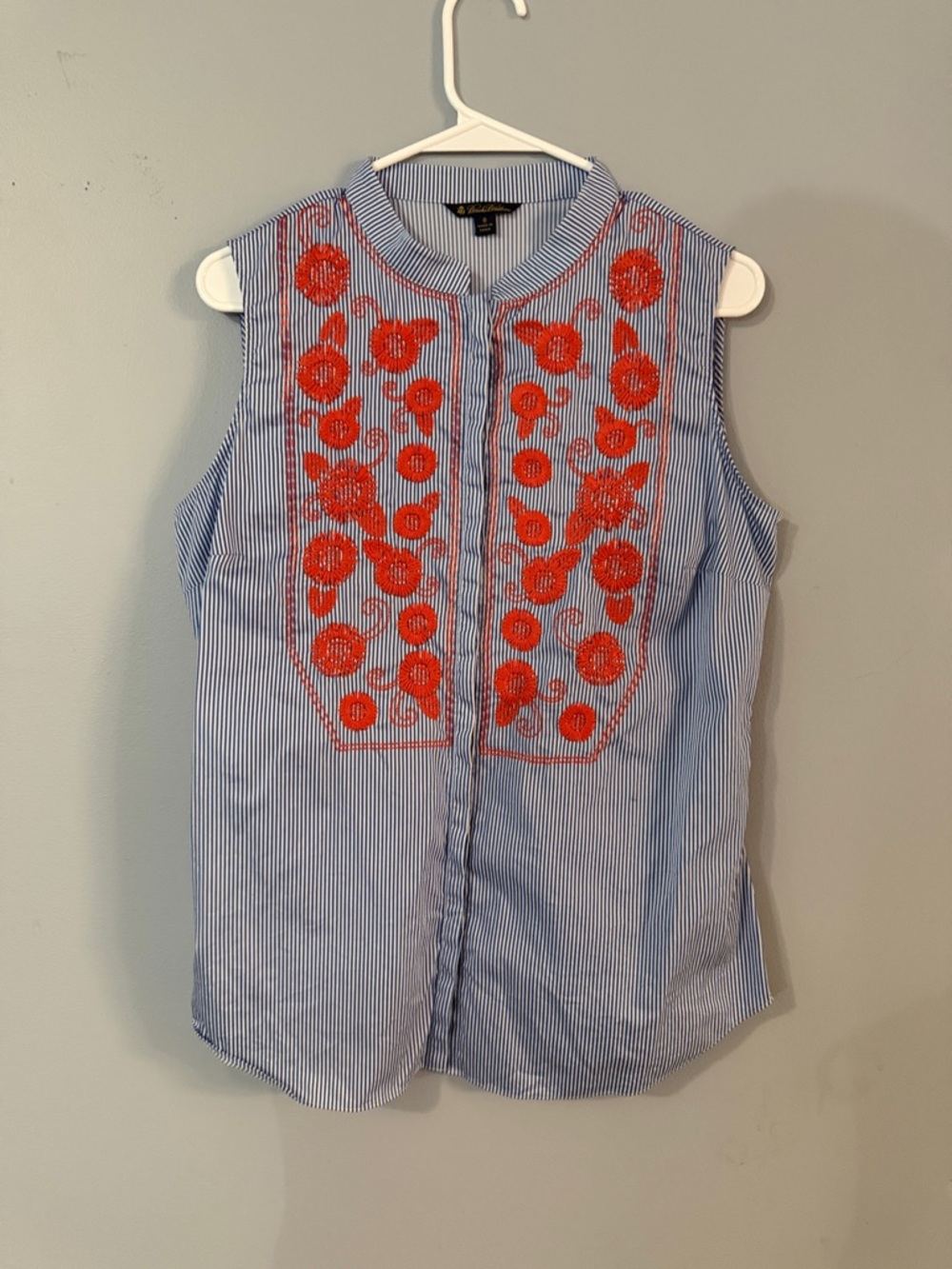 Brooks Brothers Blue & White Striped Sleeveless Top with Red Floral Embroidery